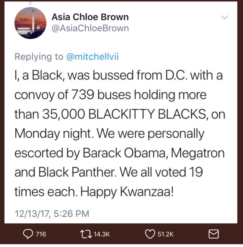 Asia Chloe Brown's tweet responding to Bill Mitchell